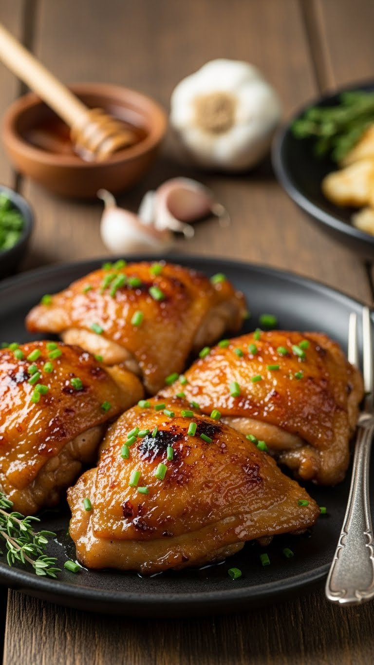 Glossy Honey Garlic Baked Chicken Thighs With Sticky Caramelized Glaze And Fresh Chives On Dark Plate