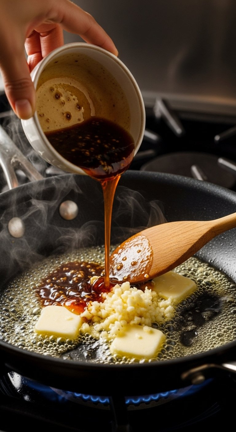 Glossy Honey Garlic Sauce Pouring From A Bowl Into A Hot Skillet With Sizzling Garlic And Melted Butter.