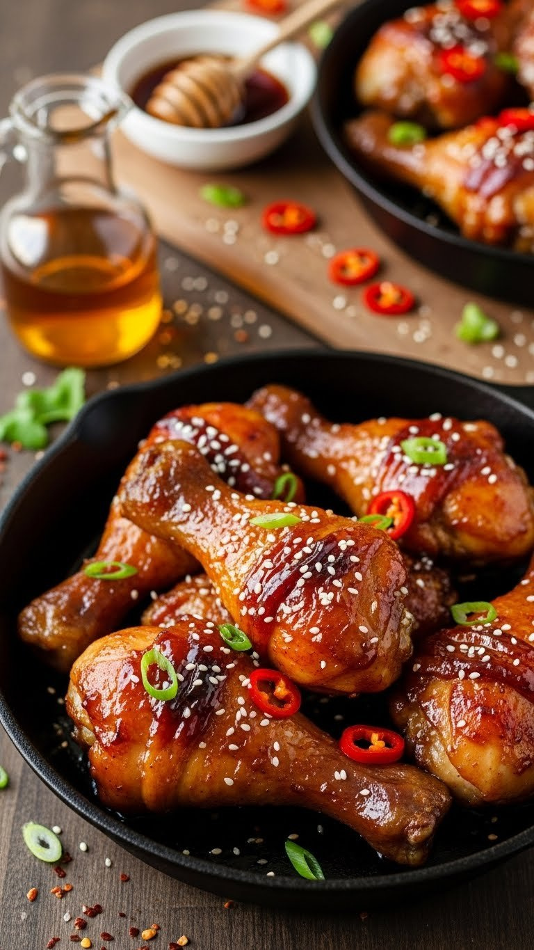 Glossy Honey-Glazed Chicken Drumsticks With Caramelized Crispy Skin In Cast Iron Skillet With Sesame Seeds