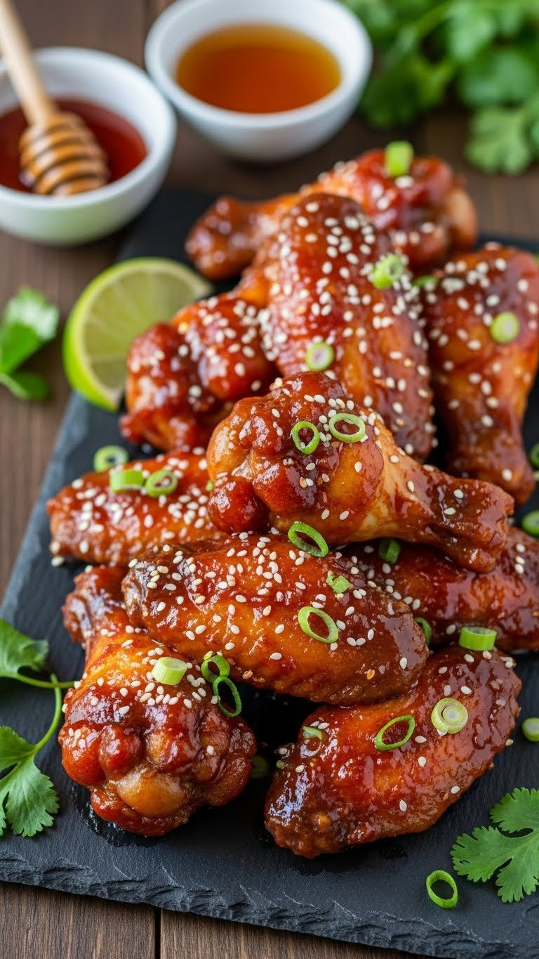 Glossy Honey Sriracha Baked Chicken Wings With Sesame Seeds And Green Onions On Black Slate Serving Board