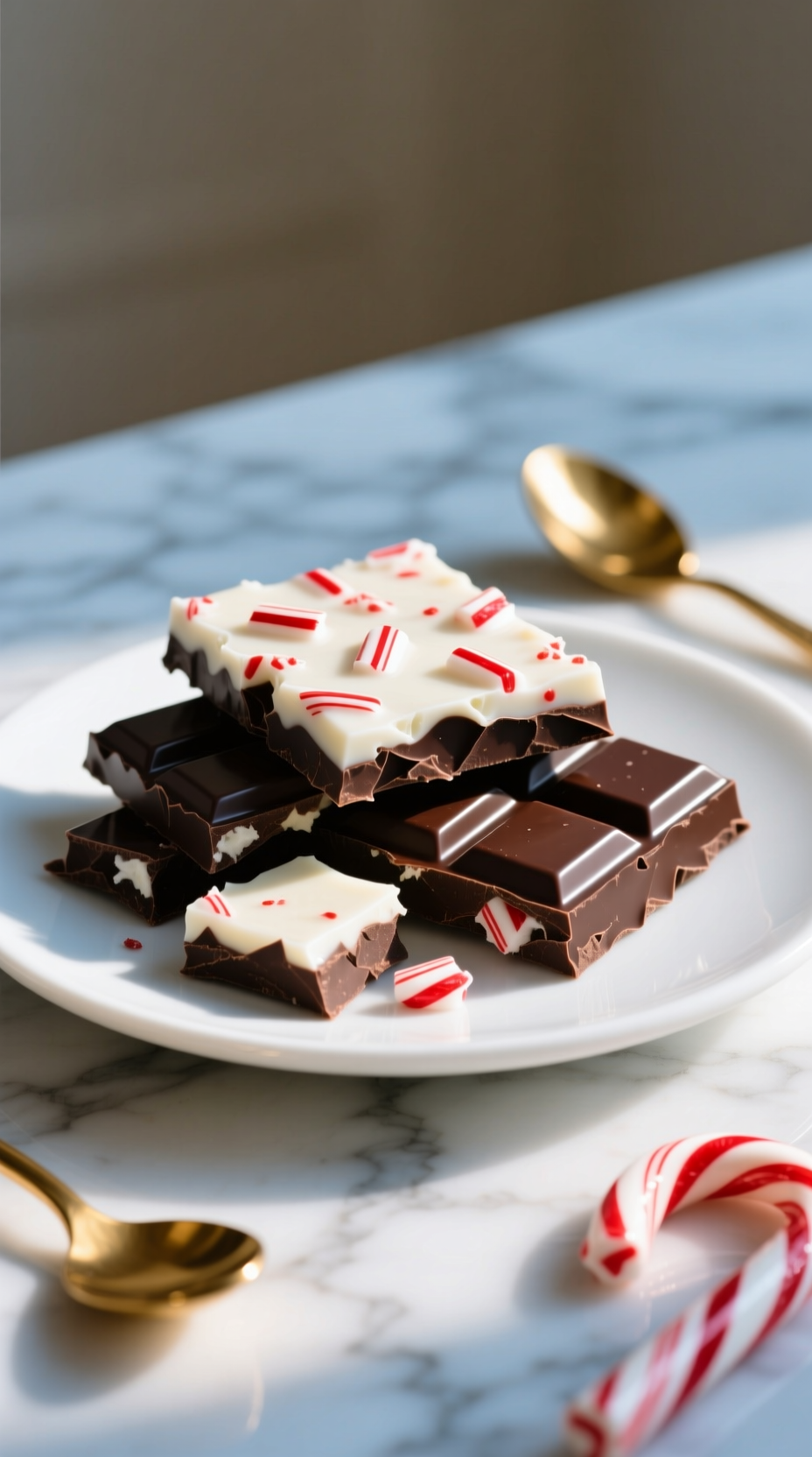 Glossy Layered White And Dark Chocolate Peppermint Bark With Crushed Candy Canes, Broken Into Pieces On A White Platter.