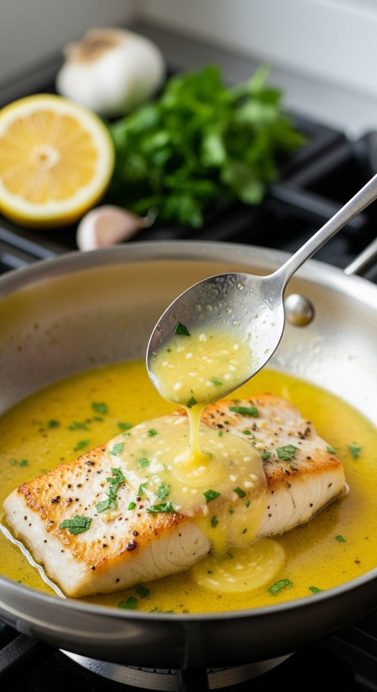 Glossy Lemon Butter Sauce With Herbs And Garlic Spooned Over A Seared Mahi Mahi Fillet In A Stainless Steel Skillet, Ready To Serve.