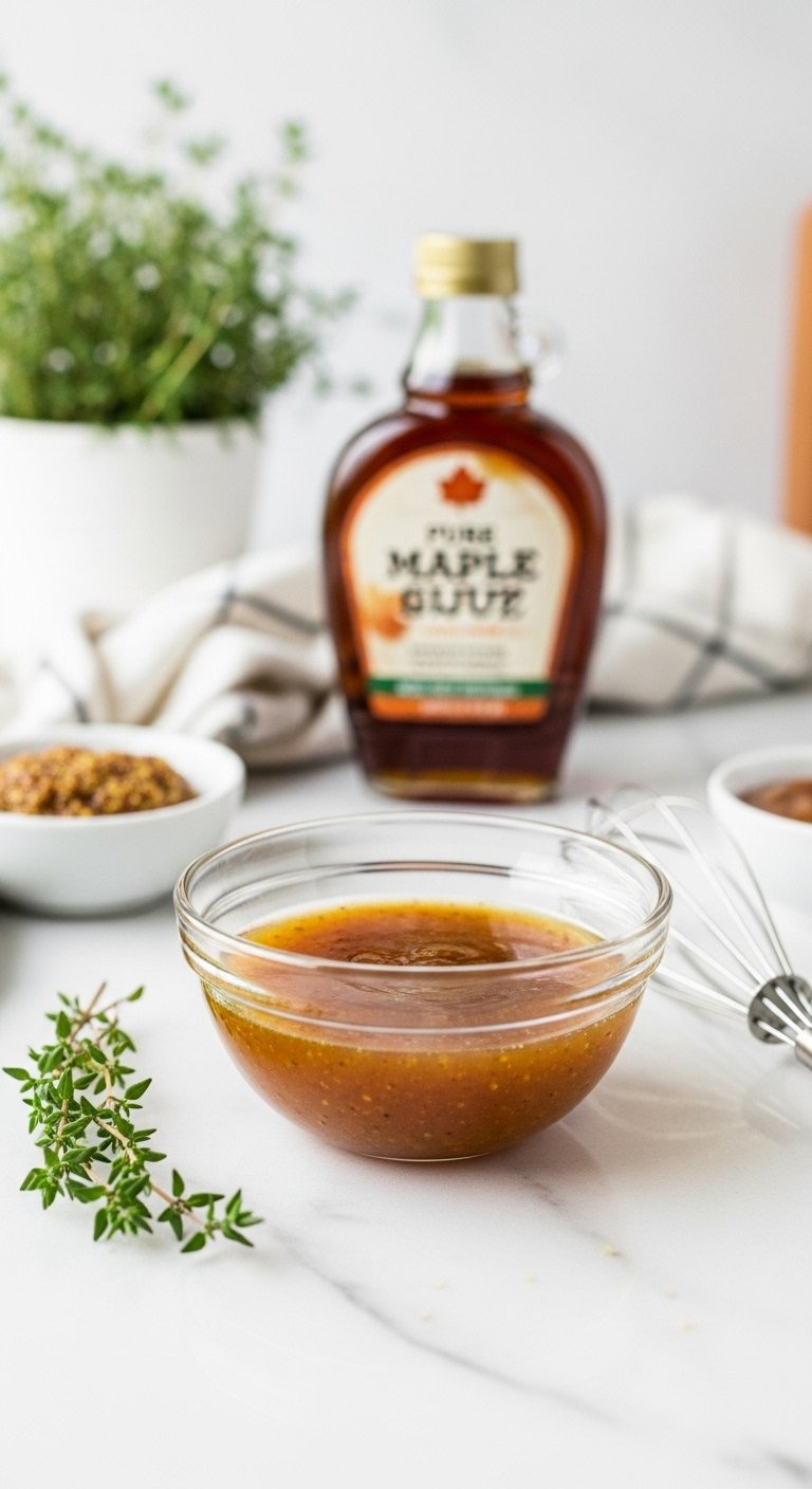 Glossy Maple Dijon Sauce In A Small Glass Bowl With A Whisk And Maple Syrup Nearby.