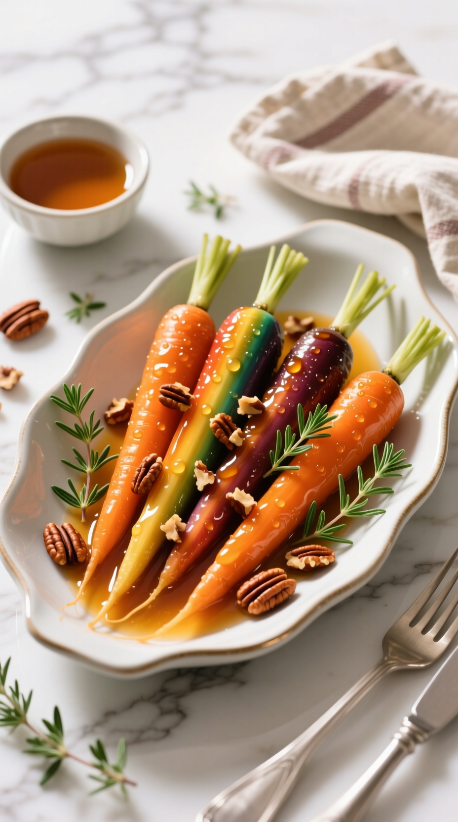 Glossy Maple-Thyme Glazed Carrots Topped With Toasted Pecans And Fresh Thyme In A Ceramic Dish, Perfect Side Dish.
