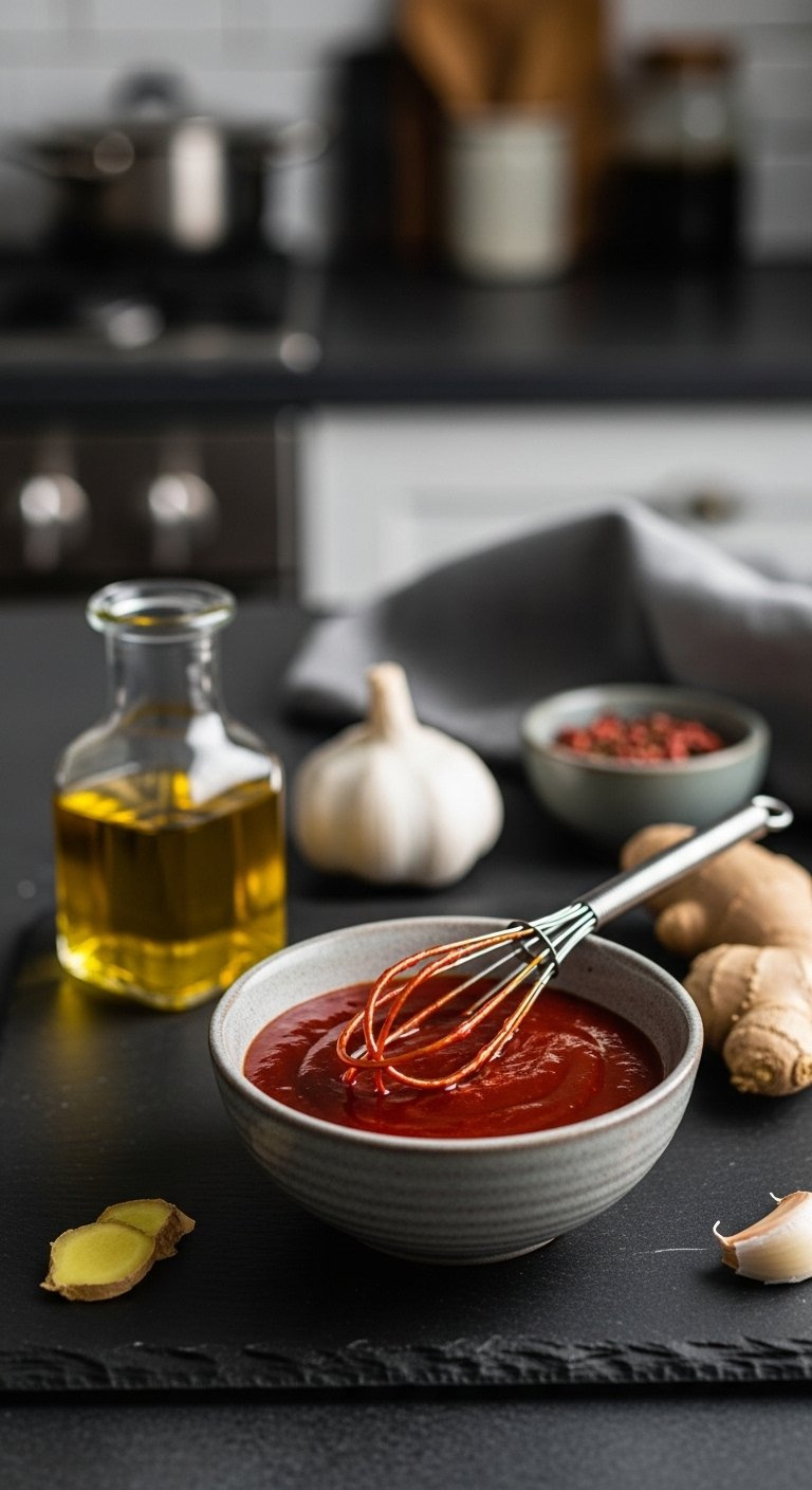 Glossy Red Spicy Korean Gochujang Glaze In A Ceramic Bowl With A Whisk And Aromatic Ingredients Nearby.