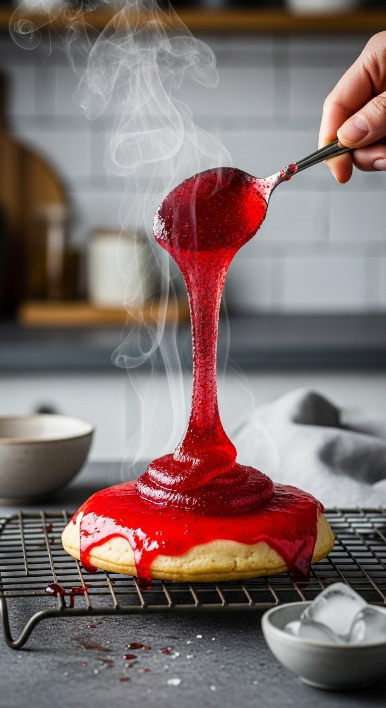 Glossy Red Candy Syrup Resting On A Metal Cooling Rack, Steam Gently Rising, Ready For Dipping, Bathed In Warm Golden Light.