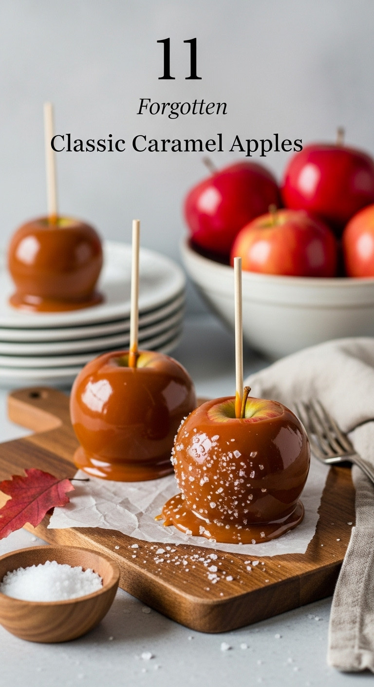 Glossy Red Caramel Apples With Sea Salt On Rustic Wood Board. Blurred Plates, Fresh Apples, Autumn Leaves. Classic Halloween Treat.