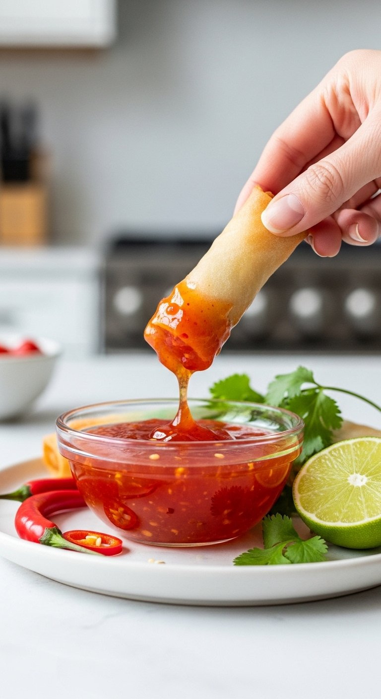 Glossy Reddish Orange Homemade Sweet Chili Sauce In A Glass Bowl With A Dipping Spring Roll.