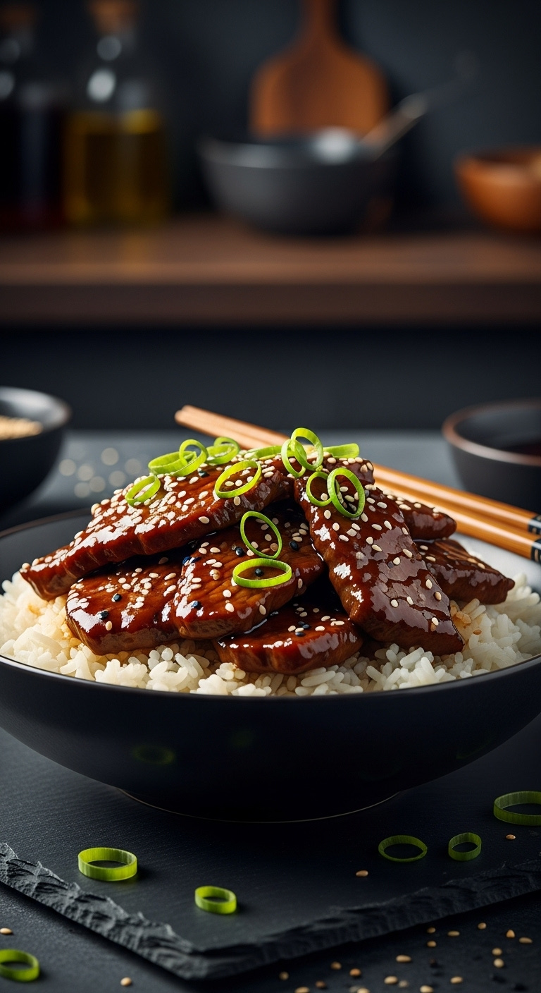 Glossy Slow Cooker Mongolian Beef Slices Over White Rice Garnished With Scallions And Sesame Seeds In A Dark Ceramic Bowl