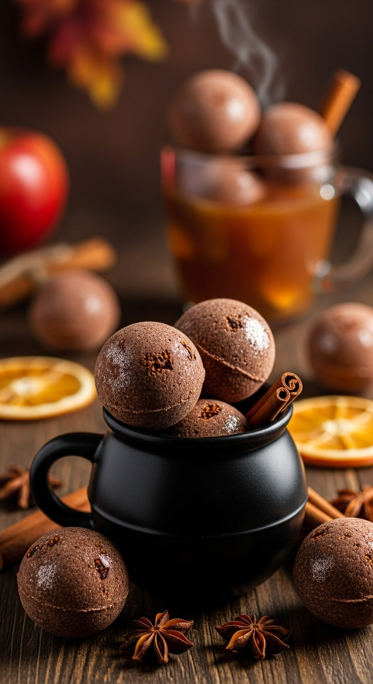 Glossy Spiced Apple Cider Cauldron Bombs With Mulling Spices, Star Anise, And Cinnamon Sticks On A Rustic Wood Table.