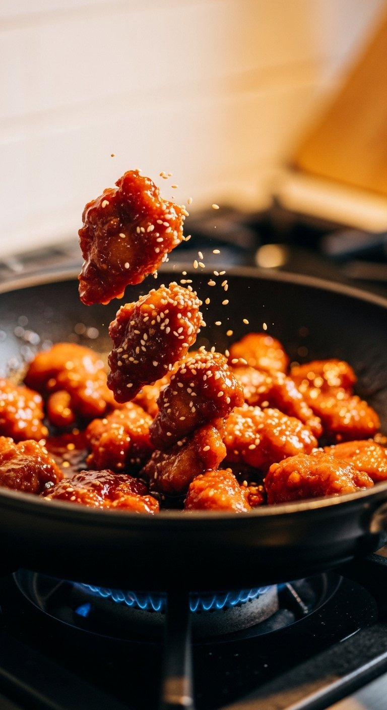 Glossy Spicy Korean Chicken Pieces Tossed In Sticky Red Sauce With Sesame Seeds In A Hot Skillet.