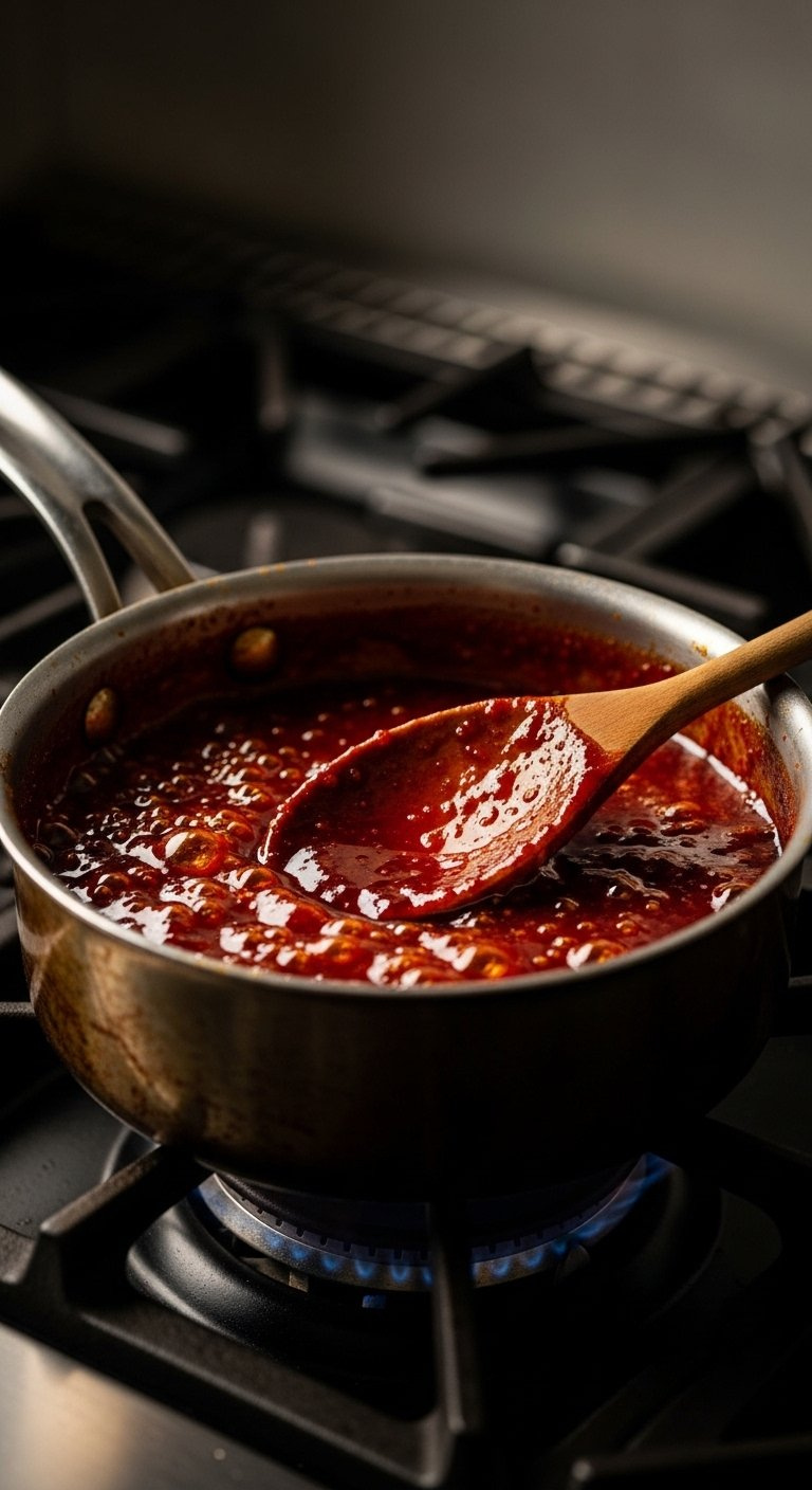 Glossy Sweet And Spicy Gochujang Glaze Simmering In A Small Saucepan On A Gas Stove With A Wooden Spoon.