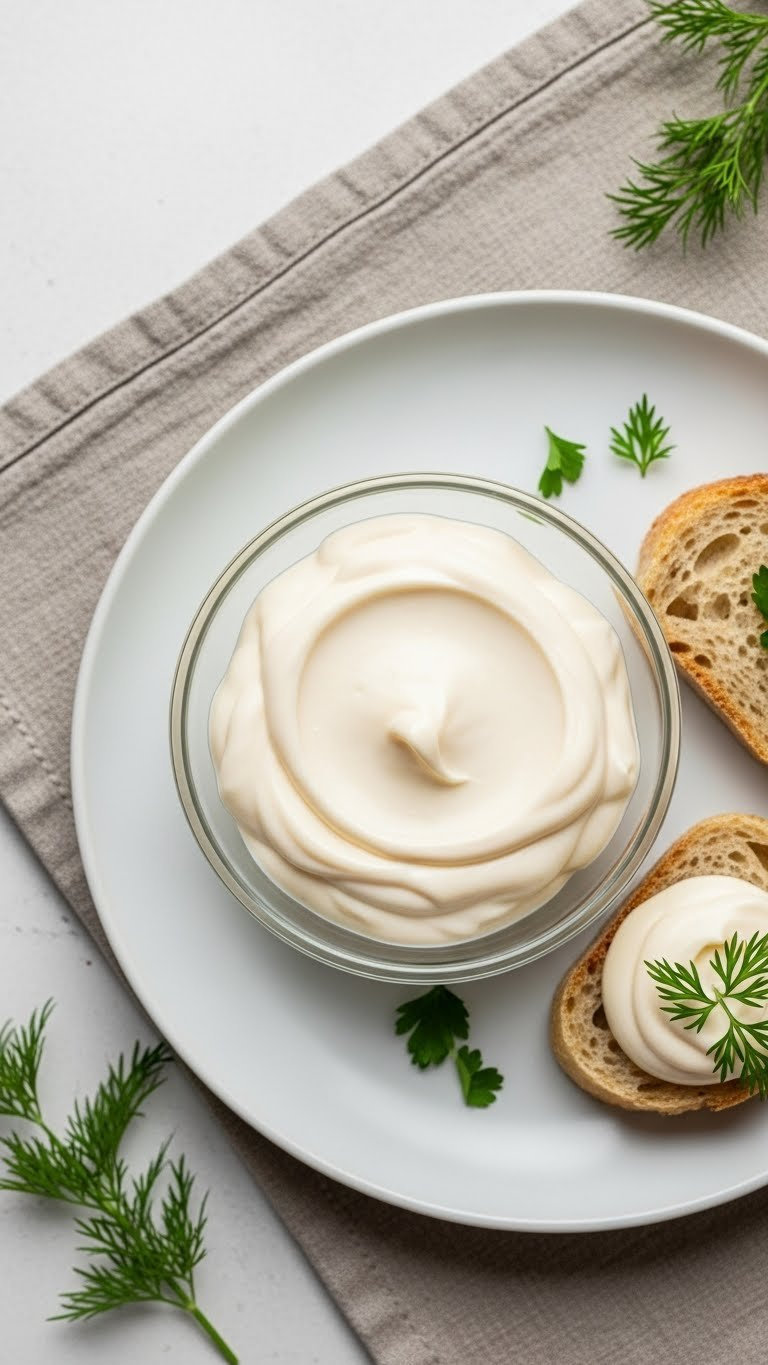 Glossy, Thick White Vegan Mayonnaise In A Glass Bowl, Flat Lay. White Plate, Fresh Herbs, Rustic Bread. Bright, Plant-Based Condiment.