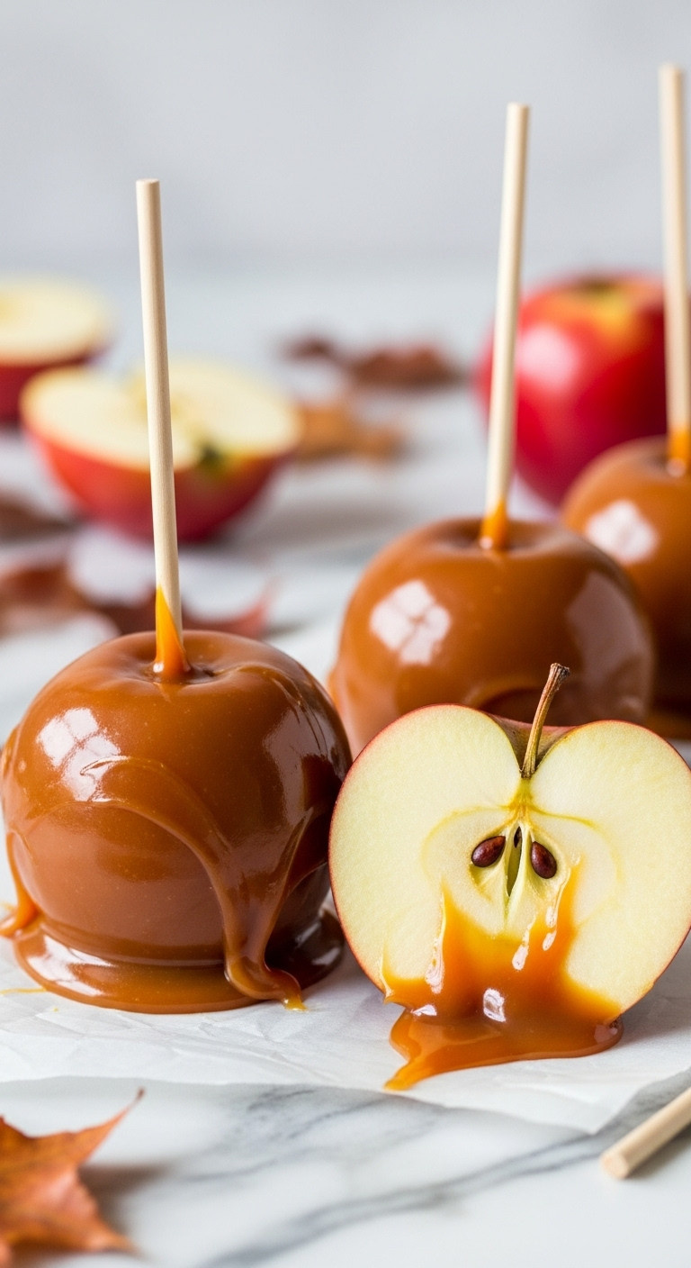 Glossy Traditional Caramel Apples, One Whole On A Stick, One Halved To Show Crisp Red Apple, On Parchment Paper With Autumn Leaves.