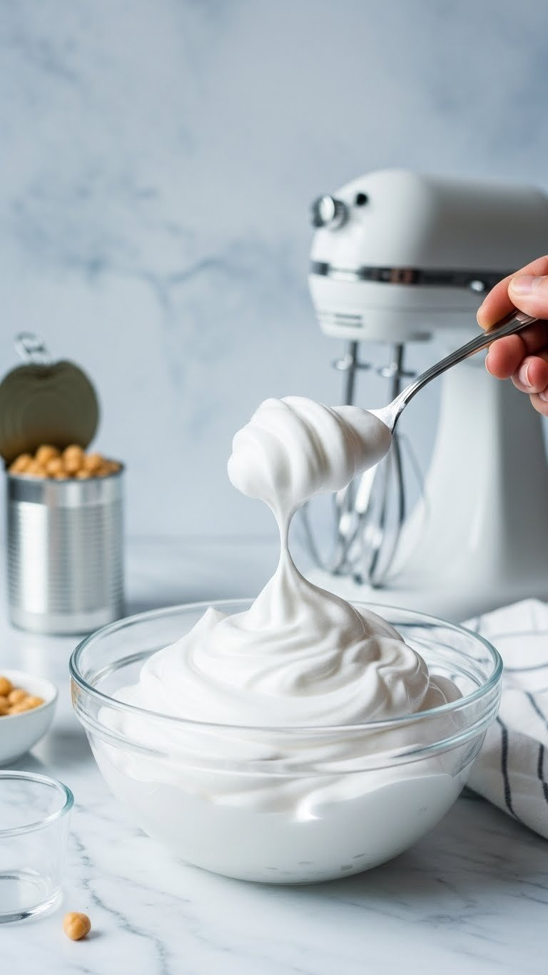 Glossy White Aquafaba Meringue With Stiff Peaks Being Scooped From A Stainless Steel Bowl On A Marble Countertop For Vegan Baking.