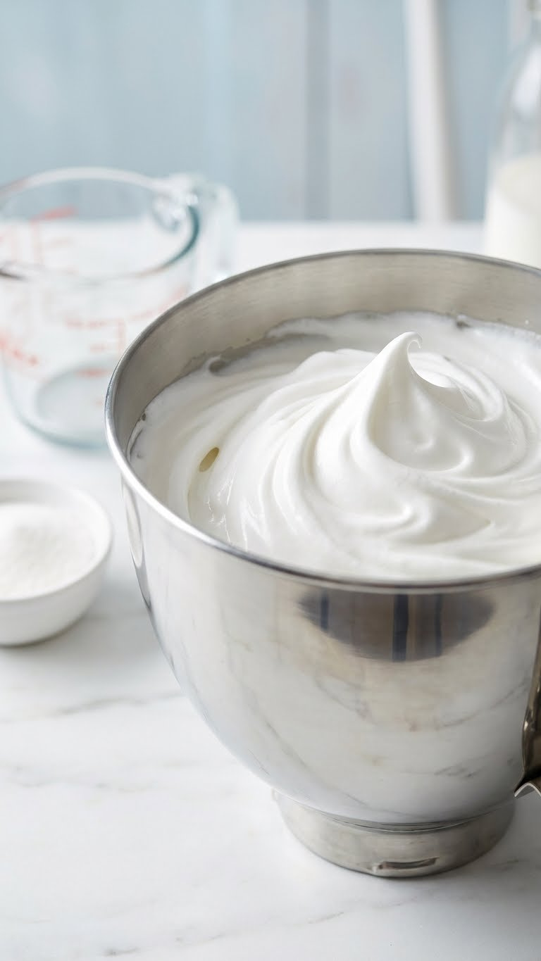 Glossy White Peaks Of Whipped Aquafaba In A Silver Stand Mixer Bowl On A Marble Counter, A Perfect Vegan Meringue.