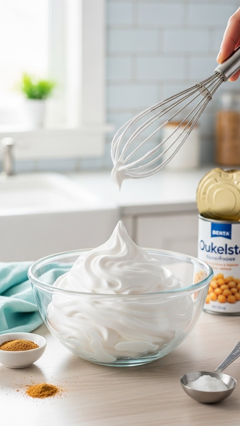 Glossy White, Stiff Peaks Of Whipped Aquafaba In A Glass Bowl, Demonstrating An Excellent Vegan Egg White Substitute.