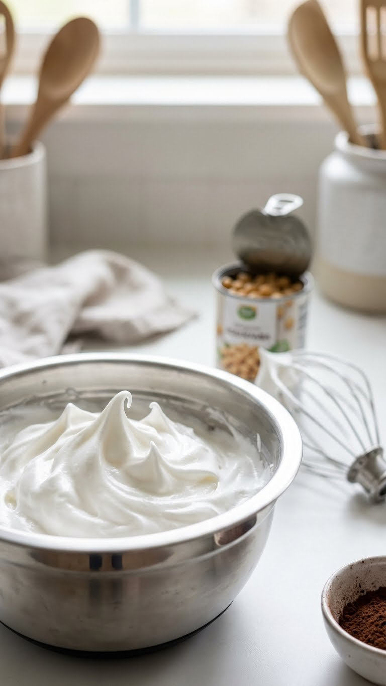 Glossy White Whipped Aquafaba Peaks In A Metal Bowl, Resembling Meringue, With Whisk, Chickpeas, And Cocoa. Vegan Baking.