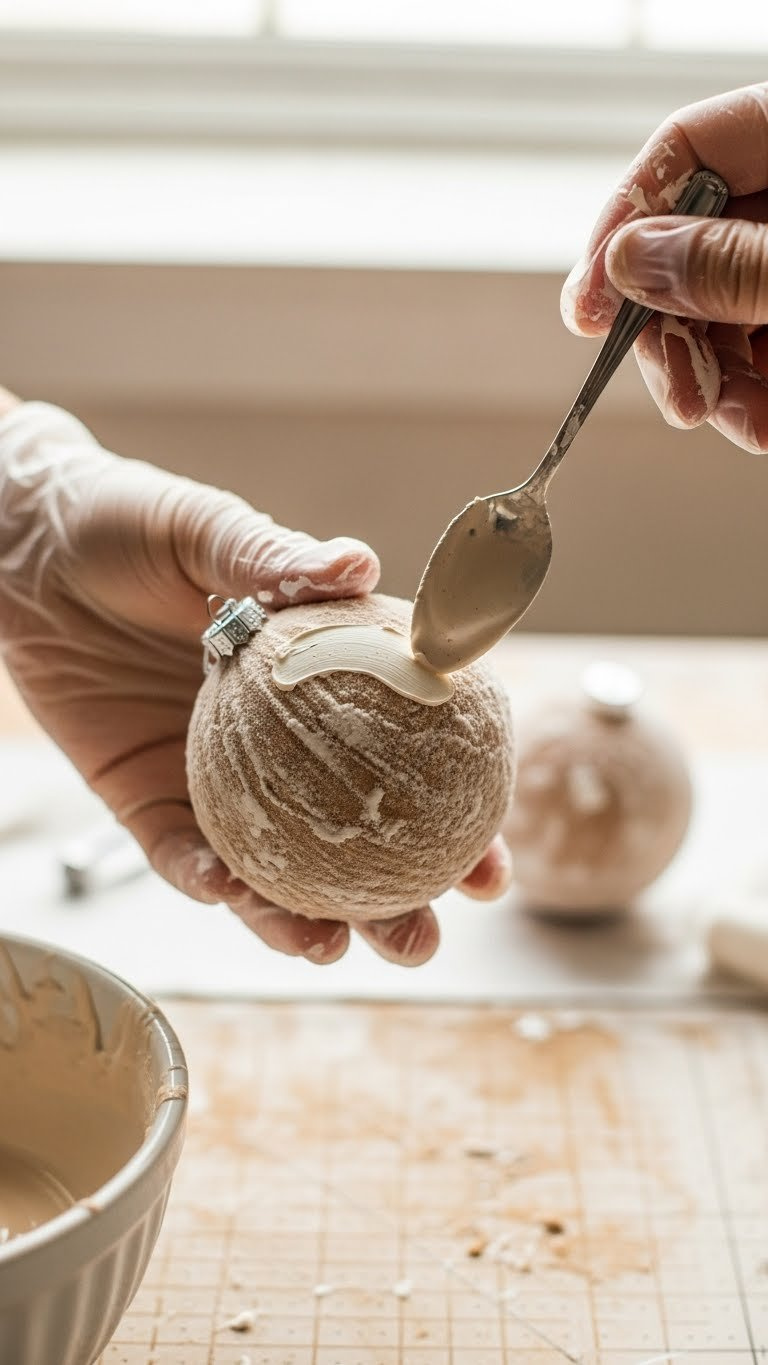 Gloved Hand Applying Second Coat Of Baking Soda Paint Mixture To Dry Flocked Ornament On Craft Mat