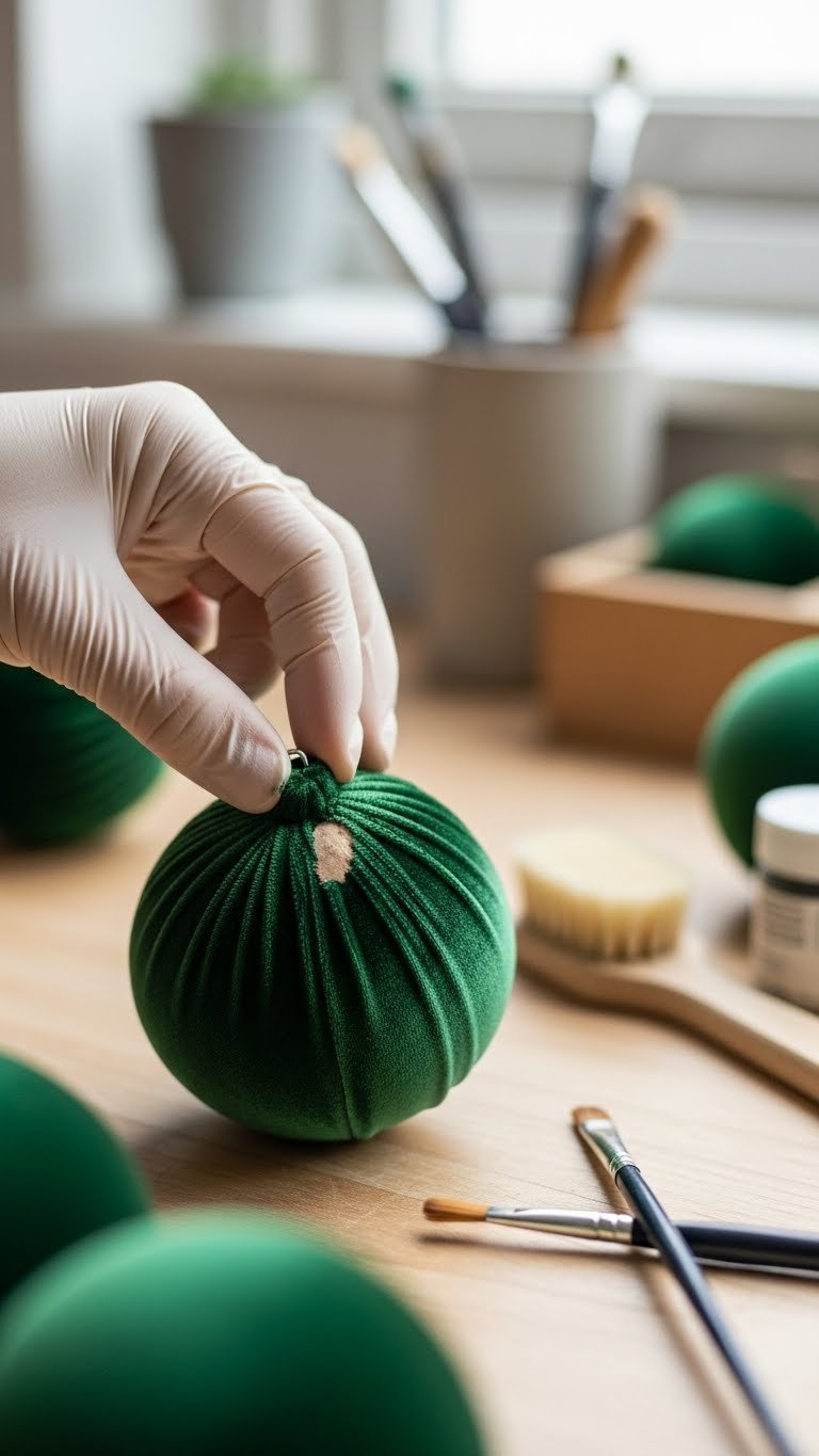 Gloved Hand Examining Dark Green Velvet Ornament With Minor Texture Flaw Near Touch-Up Paint Supplies