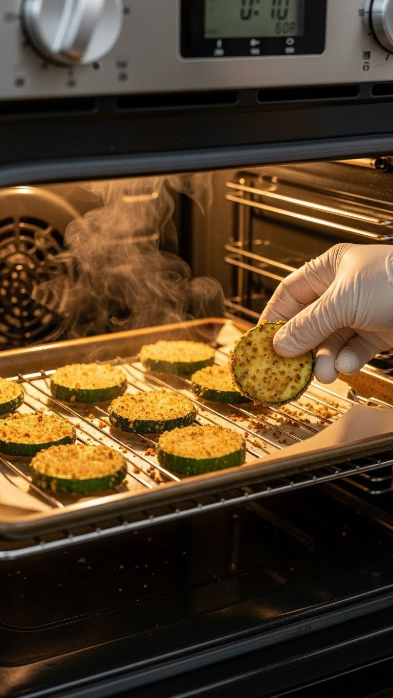 Gloved Hand Flipping Crispy Baked Zucchini Slices On Wire Rack Inside Open Oven Door