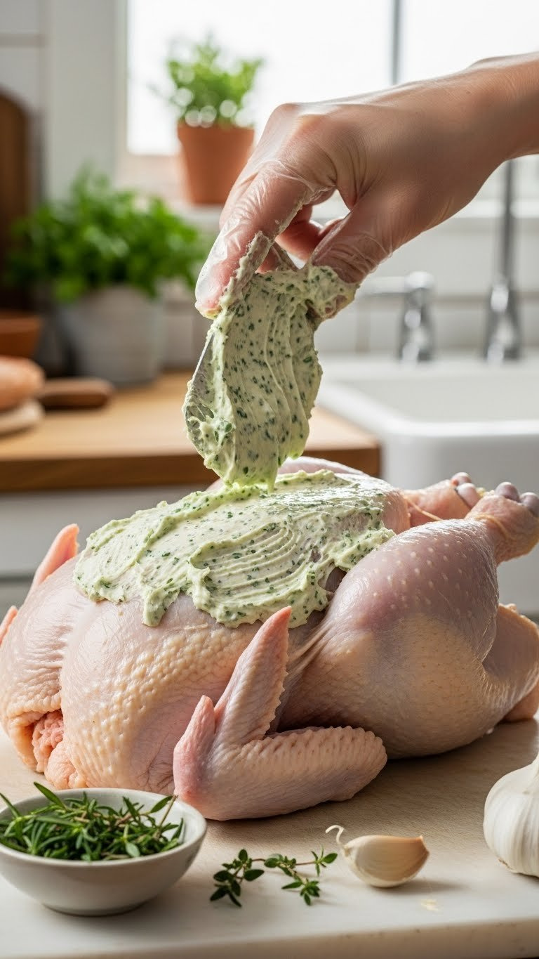 Gloved Hand Spreading Aromatic Herb Butter Mixture With Fresh Herbs Onto Raw Chicken Skin