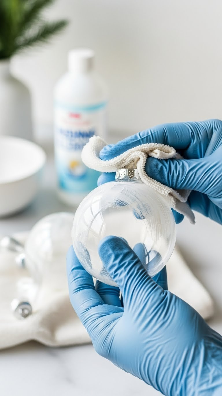 Gloved Hands Cleaning Clear Glass Christmas Ornament With Soft Cloth Against Clean White Microfiber Background