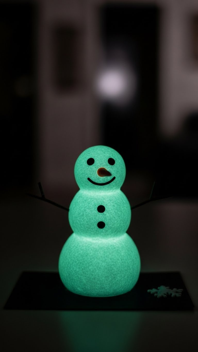Glow-In-The-Dark Baking Soda Snowman Emitting Ethereal Green-Blue Light On Black Surface In Darkened Room Setting.