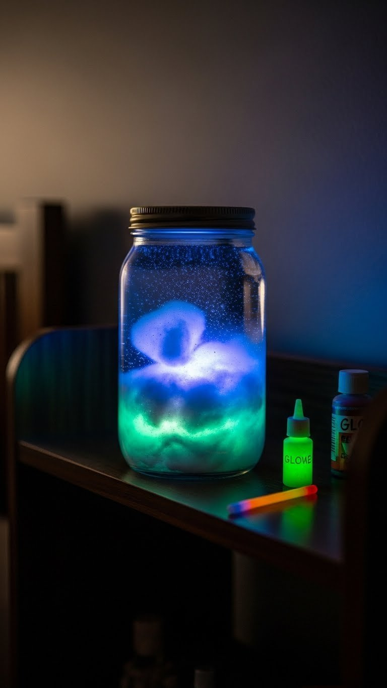 Glow-In-The-Dark Cosmic Jar With Ethereal Blue And Purple Light Emanating From Cotton Cloud Layers On Dark Wooden Shelf