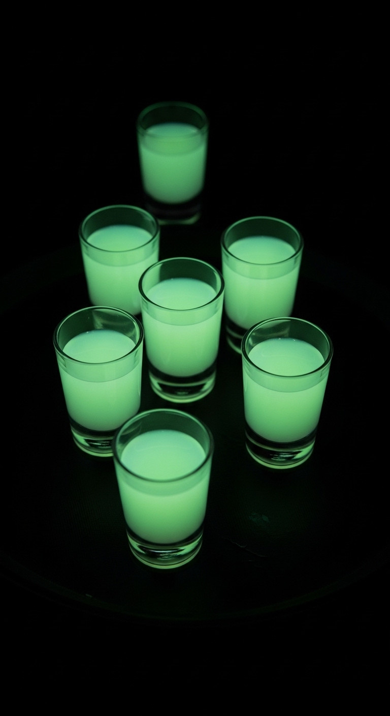 Glowing Green Shots Fluorescing Under Blacklight On Black Tray. Eerie, Exciting Party Drinks For A Spooky Halloween.