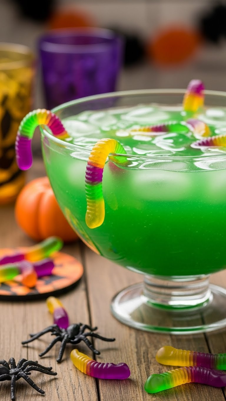 Glowing Green Slime Punch In Clear Glass Bowl With Gummy Worms Draped Over Rim For Spooky Halloween Party Drink.