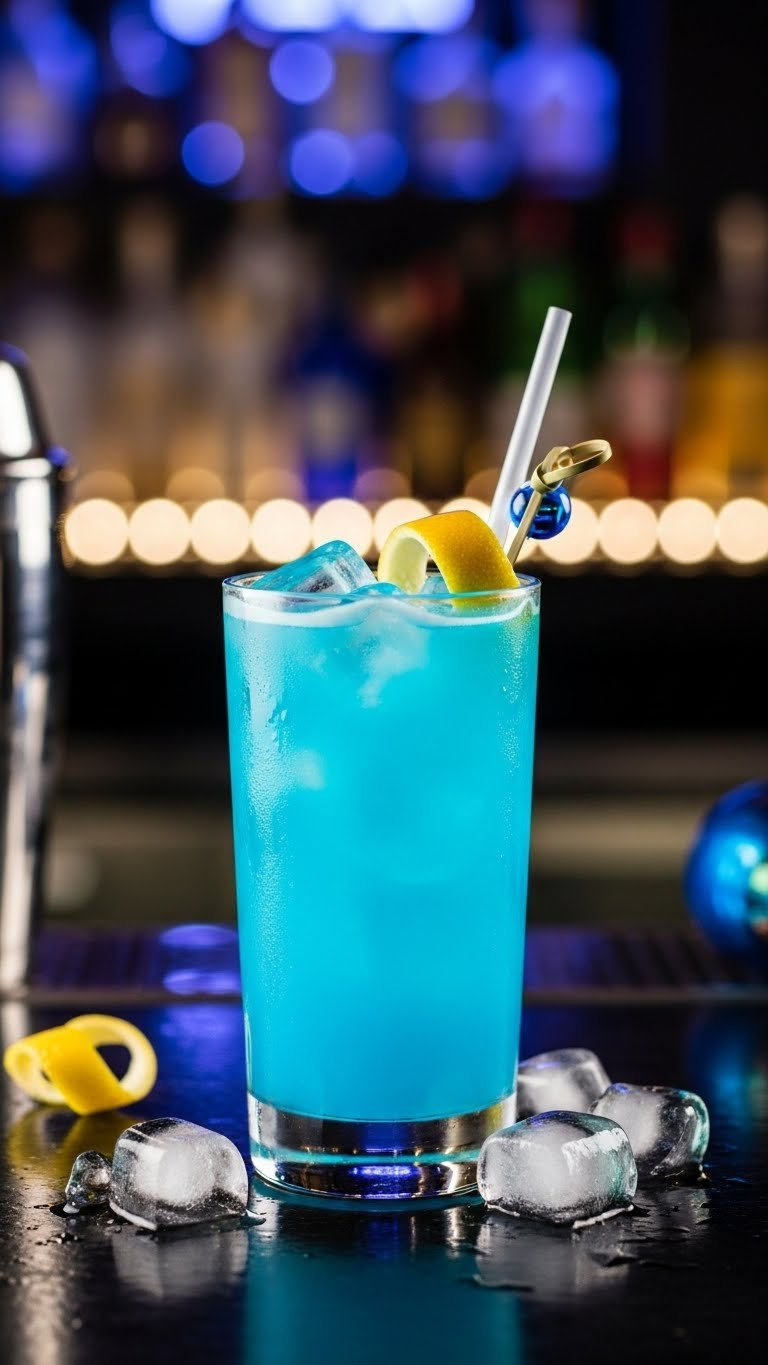 Glowing Neon Blue Electric Zombie Cocktail In Frosted Glass With Lemon Peel Garnish On Sleek Black Bar