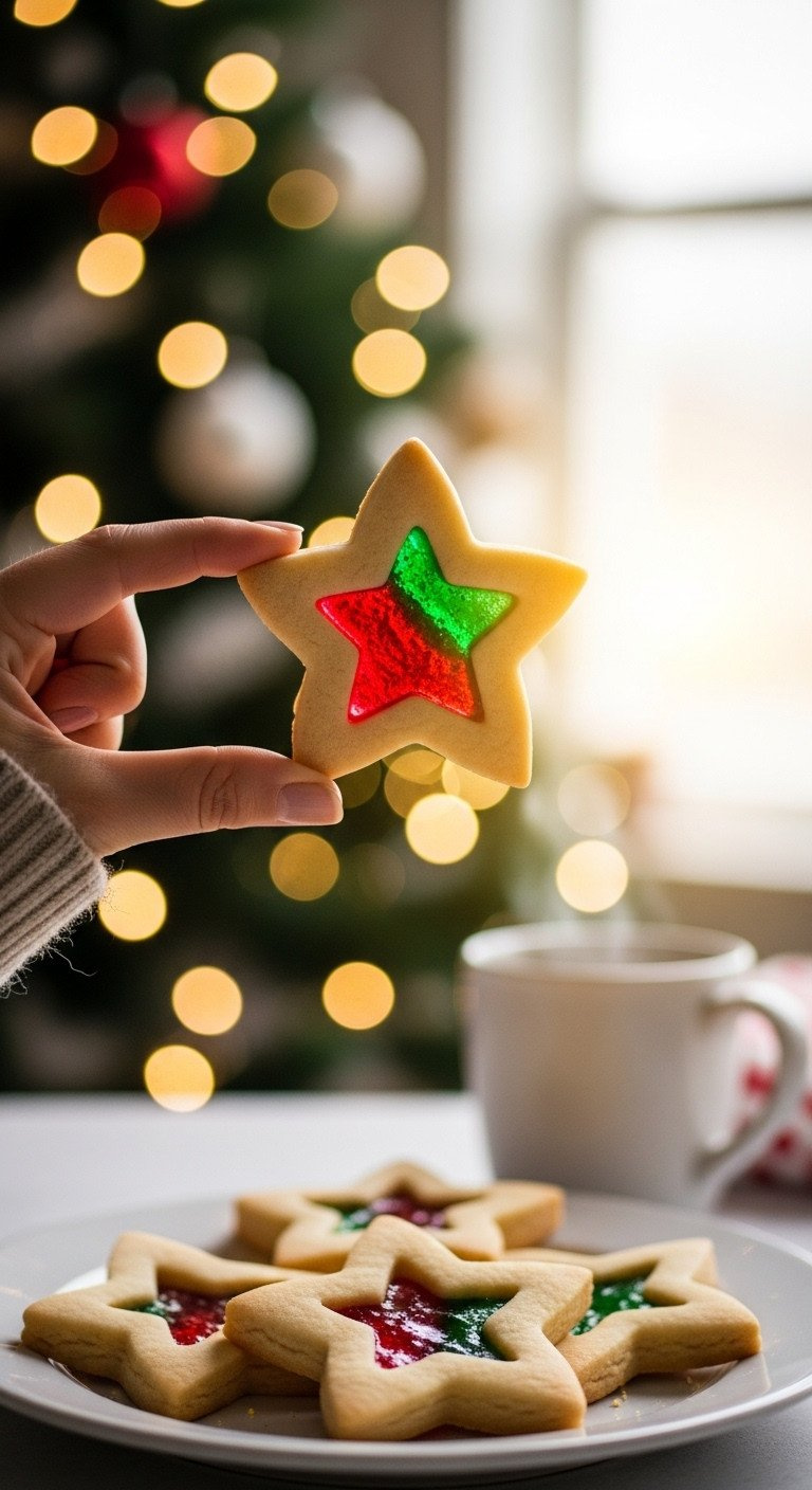 Glowing Stained Glass Sugar Cookie With Red And Green Star Cutout, Held By A Hand, Against A Twinkling Christmas Tree.