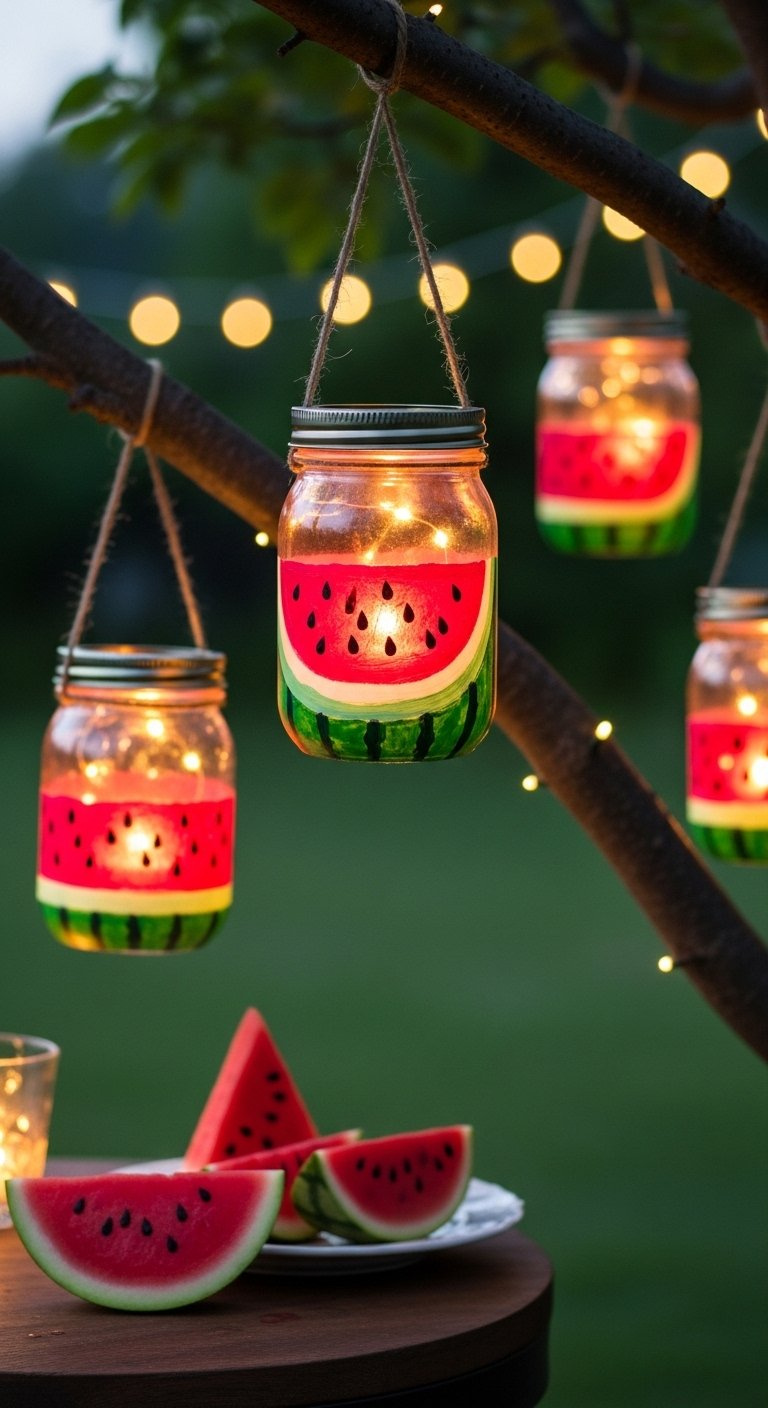 Glowing Watermelon Mason Jar Lanterns Illuminated With Fairy Lights Suspended From Tree Branches At Dusk.