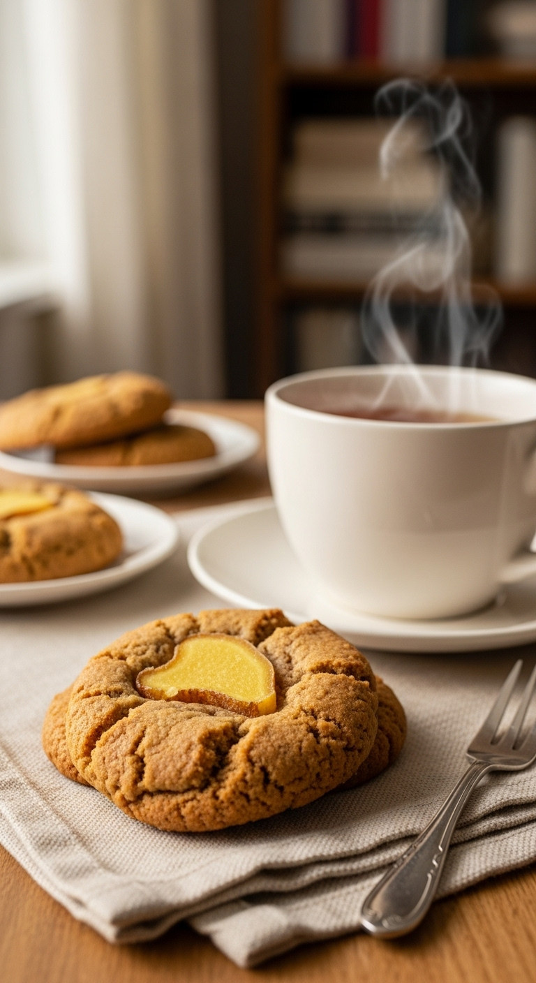 Gluten-Free Almond Flour Ginger Cookie With Candied Ginger On Linen. Steaming Tea, Cozy Room, Natural Light. Wholesome Snack.