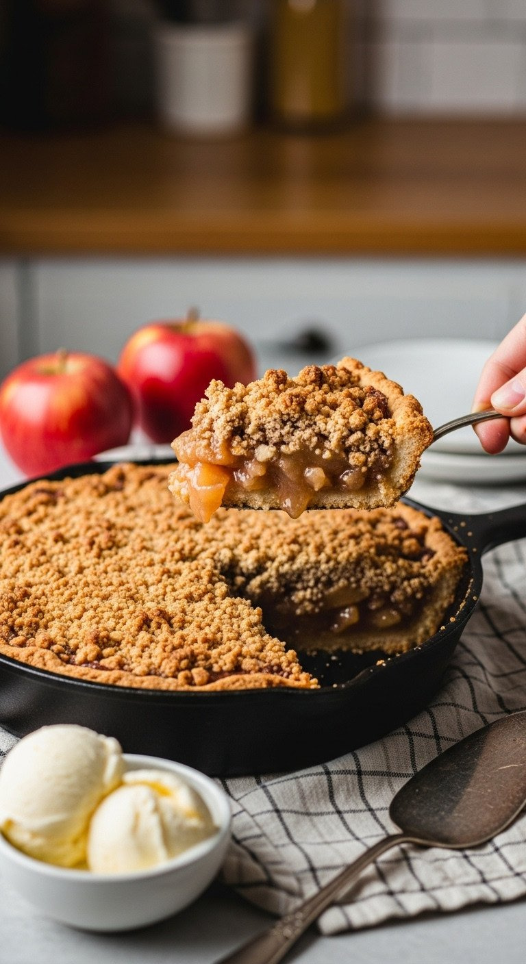 Gluten-Free Apple Crumble Pie In Cast Iron Skillet, Scooped. Bubbling Apples, Golden Oat Topping. Melting Vanilla Ice Cream. Fall Dessert.