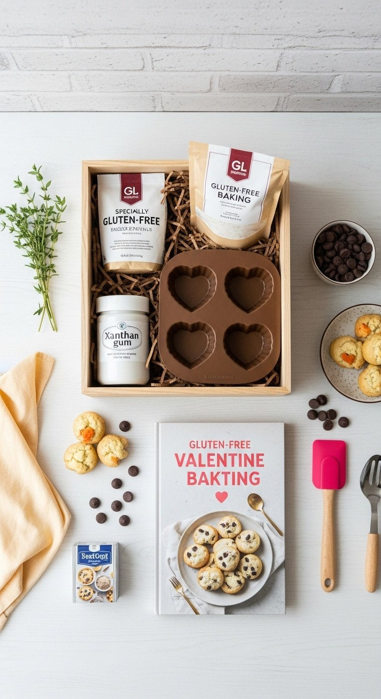 Gluten-Free Baking Essentials Kit. Wooden Box, Specialty Flour, Xanthan Gum, Heart Muffin Tin, Cookbook, Spatula.