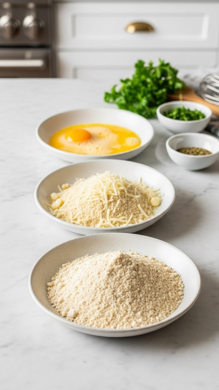 Gluten-Free Breading Station With Three Shallow Dishes Containing Eggs, Almond Meal Mixture, And Flour Blend On Marble Countertop.