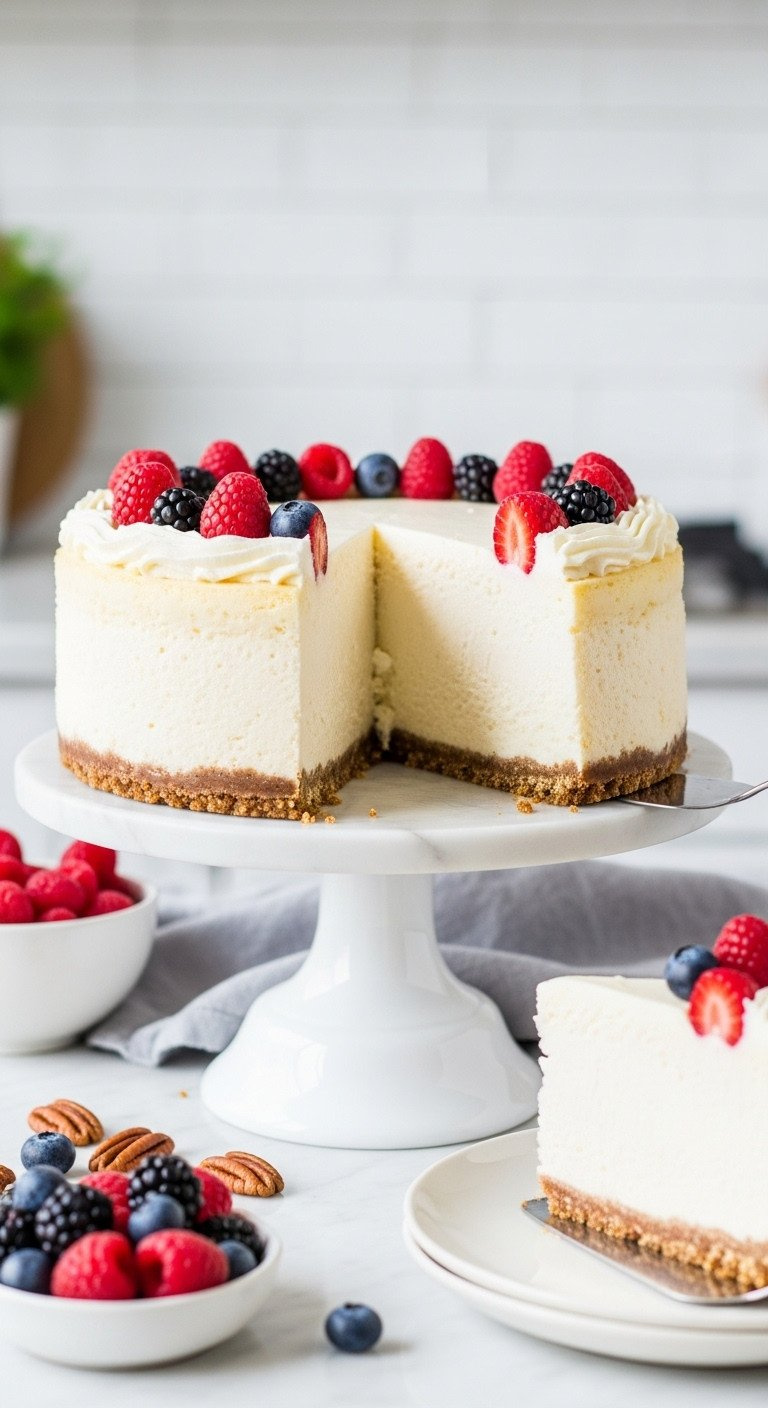 Gluten-Free Cheesecake Slice, Creamy White Filling, Thick Pecan Crust. White Stand, Fresh Berries. Elegant Dessert.
