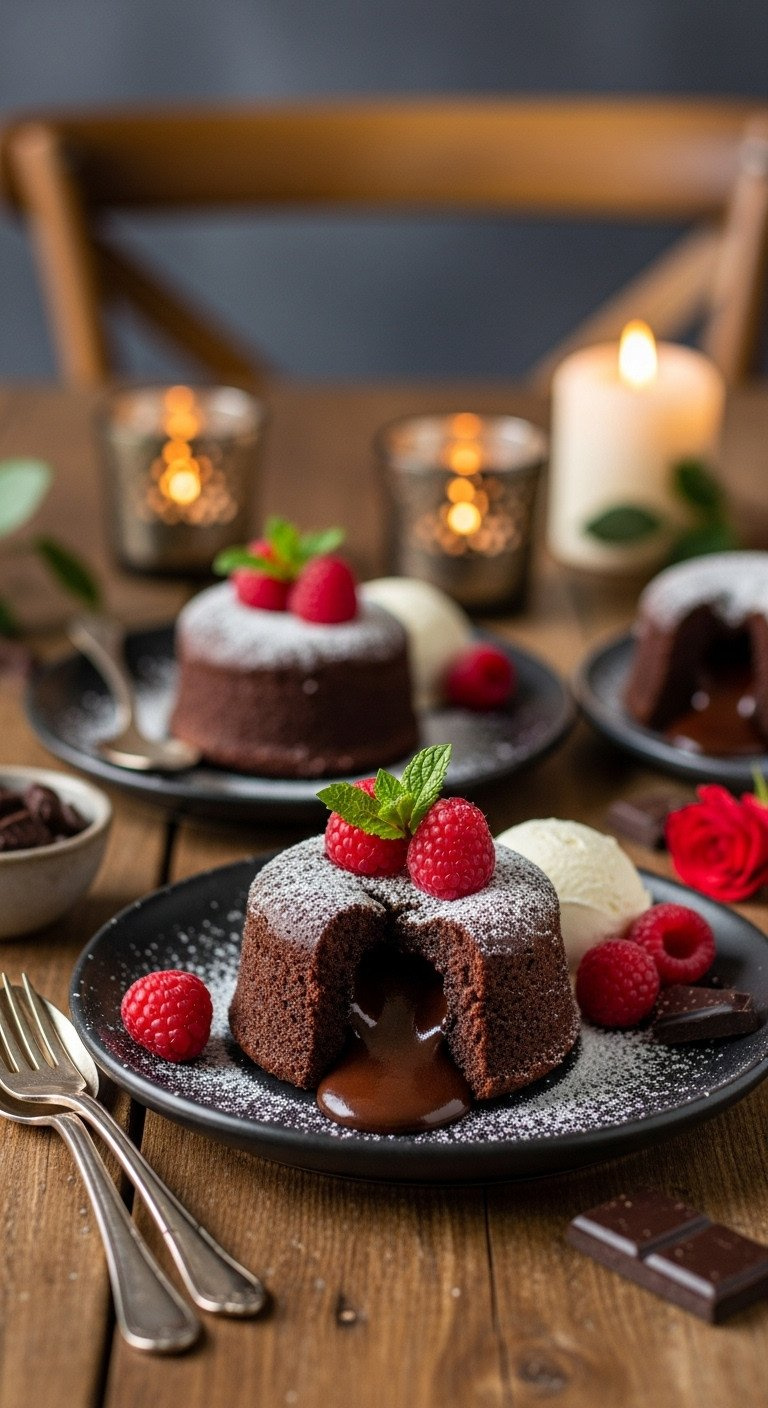 Gluten-Free Chocolate Lava Cakes With Molten Centers, Raspberries, Vanilla Ice Cream, And Powdered Sugar On A Rustic Table.