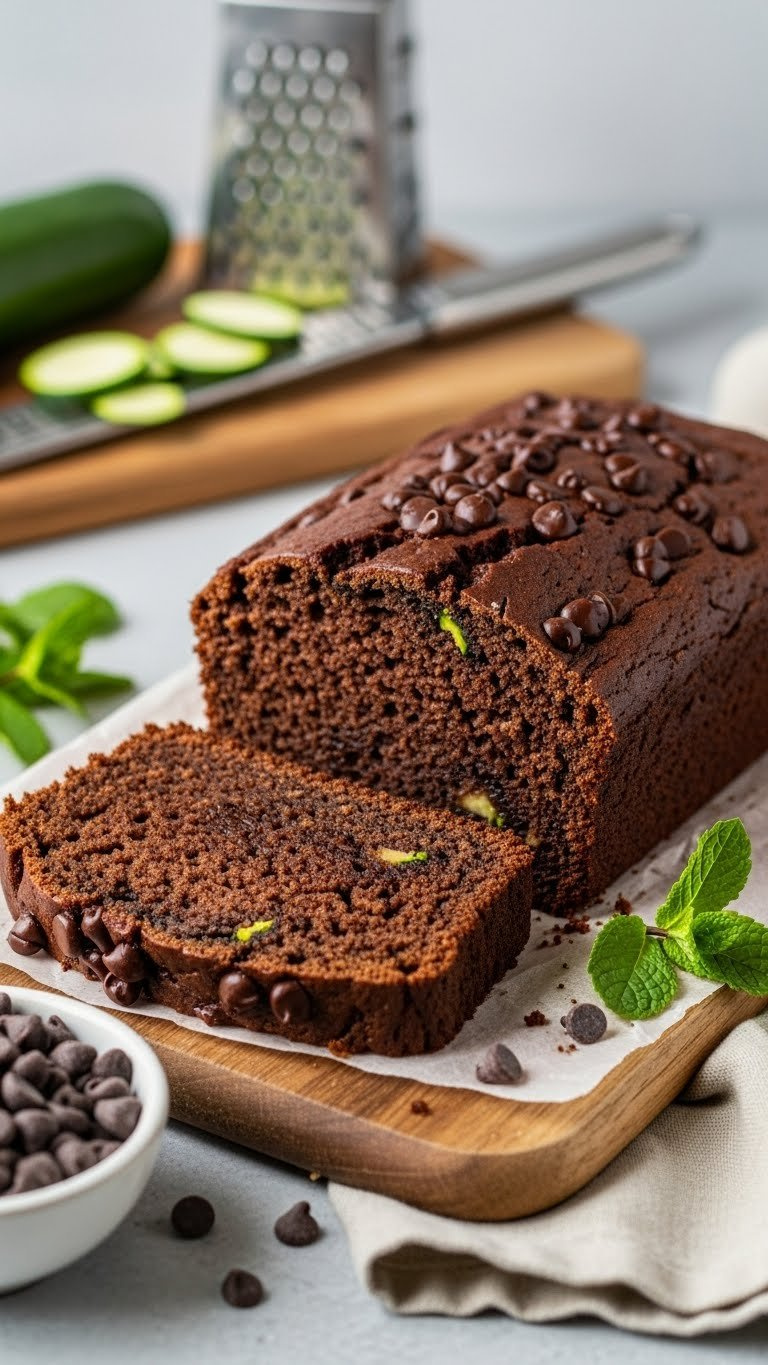 Gluten-Free Chocolate Zucchini Bread Slice On Wooden Cutting Board With Chocolate Chips And Zucchini Flecks