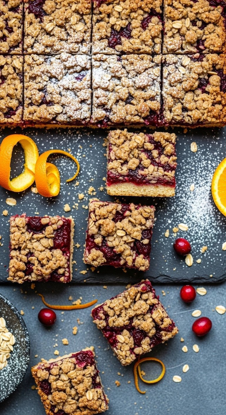 Gluten-Free Cranberry Crumble Bars, Cut. Buttery Shortbread Crust, Vibrant Cranberry Filling, Oat Topping. Festive Recipe.