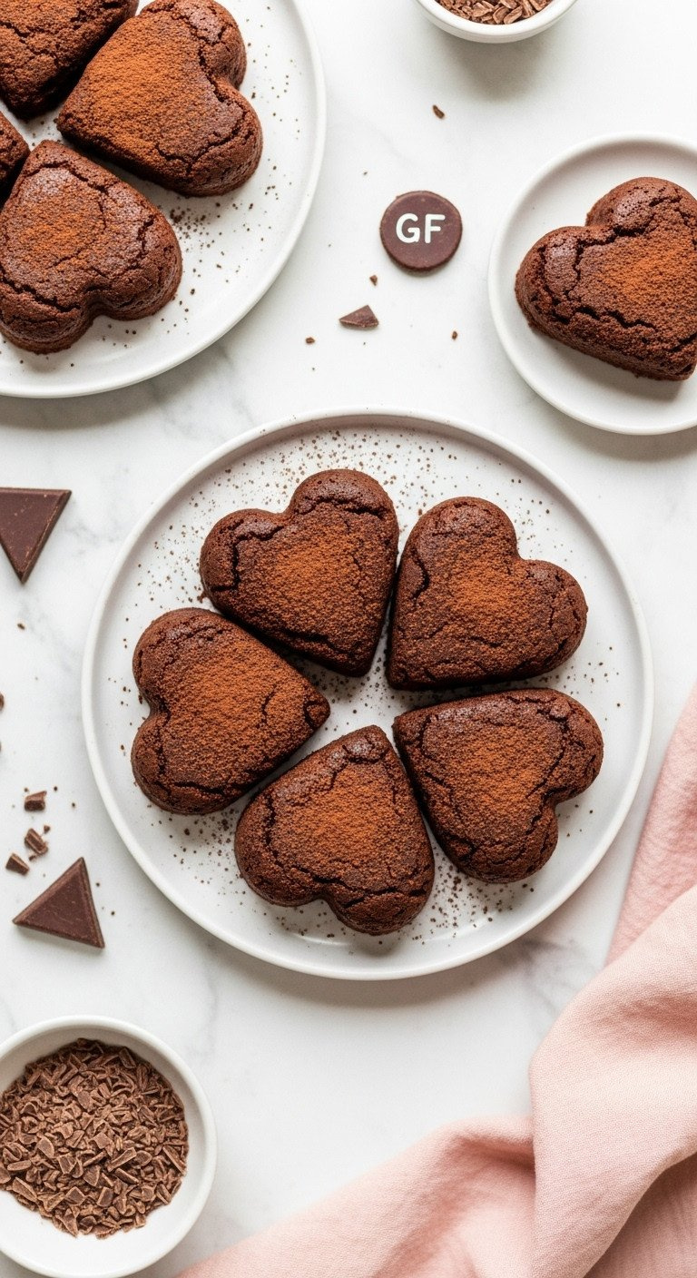 Gluten-Free Fudgy Brownie Hearts, Cocoa-Dusted, On A White Plate With Chocolate Shavings And A &Quot;Gf&Quot; Label.