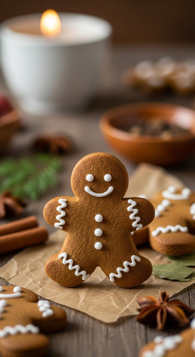 Gluten-Free Gingerbread Man Cookie With White Icing On Rustic Parchment, With Spices, Perfect For Holiday Baking.