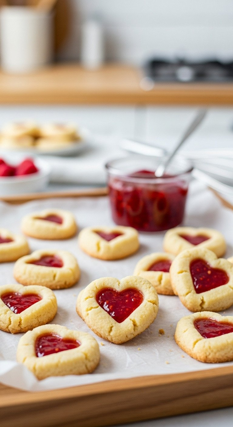 Gluten-Free Heart Thumbprint Cookies With Strawberry Jam Filling, Golden Edges, On A Parchment-Lined Tray, Allergy-Friendly.