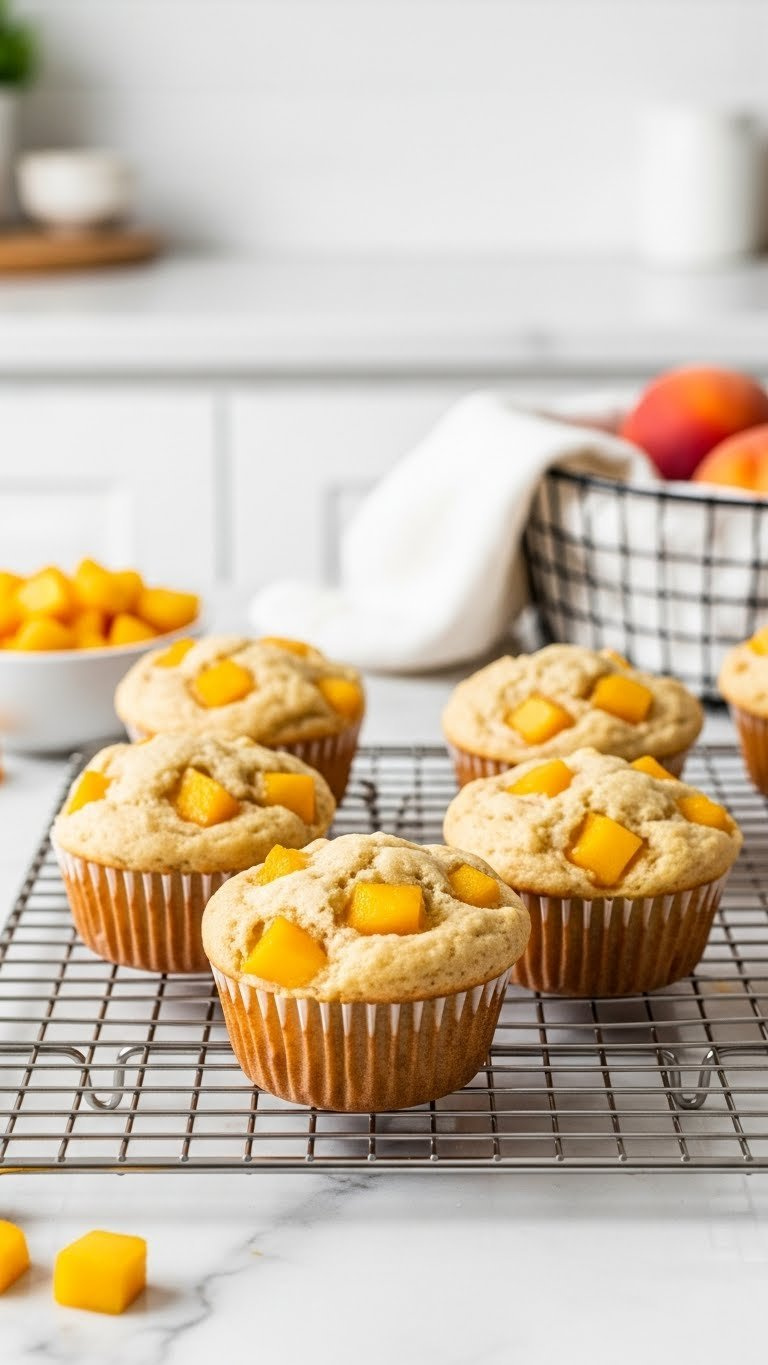 Gluten-Free Peach Muffins, Perfectly Baked With High Golden Brown Tops And Visible Peach Chunks, On A Cooling Rack With Fresh Peaches.