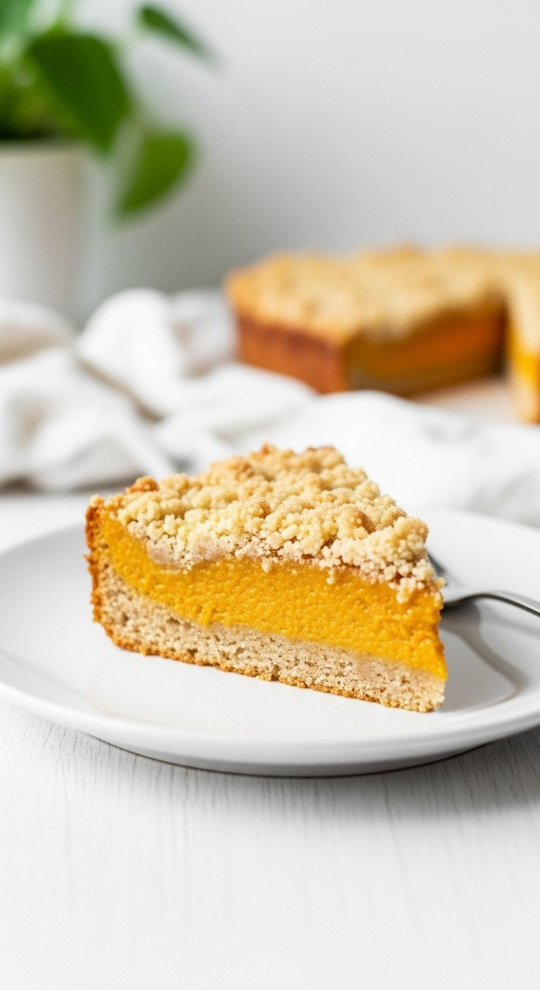 Gluten-Free Pumpkin Dump Cake Slice, Golden Topping, On Minimalist Plate. Bright, Airy Shot On White Wood With Blurred Green Plant.