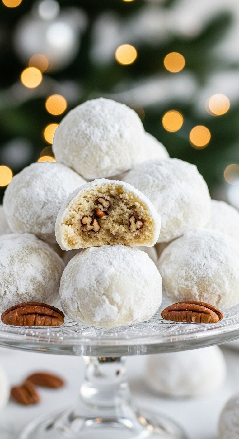 Gluten-Free Snowball Cookies Covered In Powdered Sugar On A Crystal Stand, One Broken To Show The Crumbly Pecan Center.
