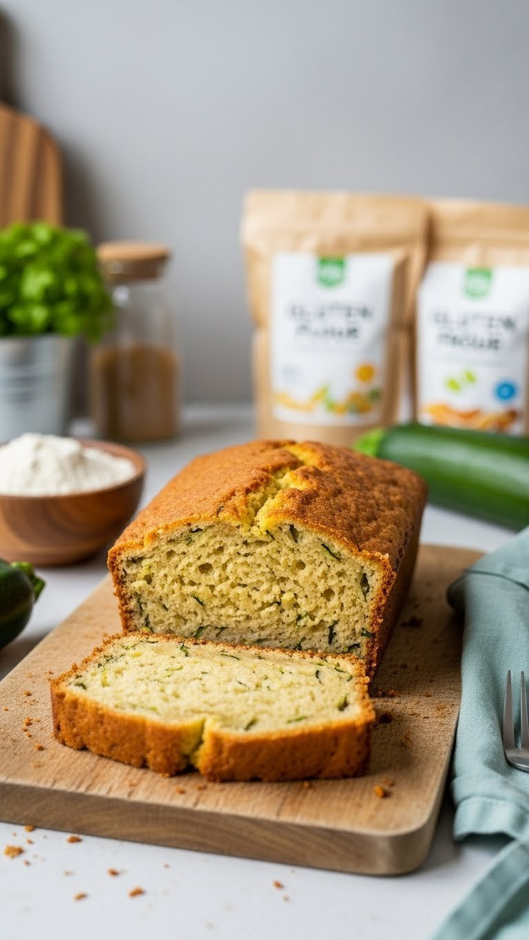 Gluten-Free Sourdough Zucchini Bread Slice With Coarser Crumb On Rustic Wooden Board With Zucchinis