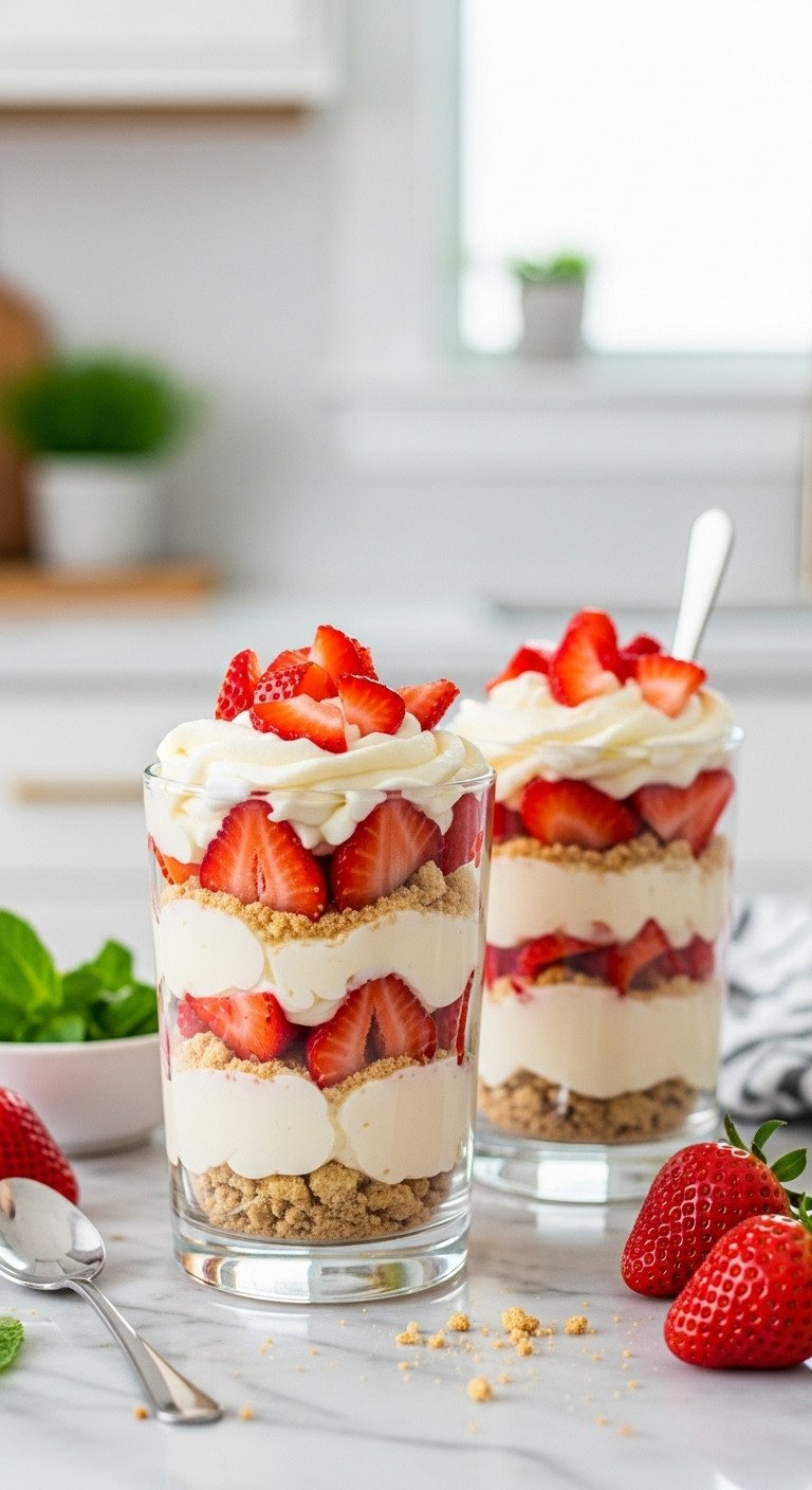 Gluten-Free Strawberry &Amp; Cream Parfaits With Dairy-Free Vanilla Custard &Amp; Shortbread In Glass Cups On Marble.